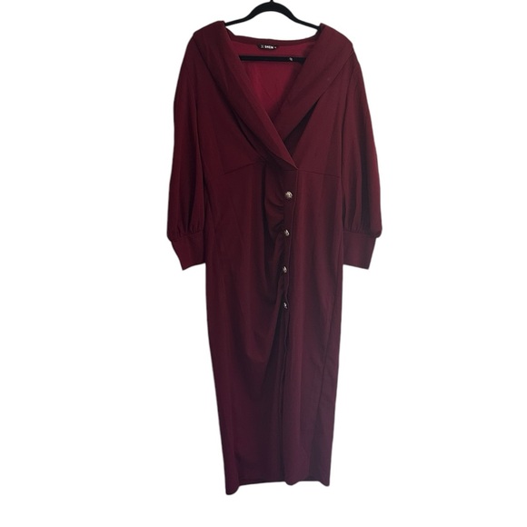 SHEIN Burgundy Shawl Collar Split Hem Button Dress Size 1XL - Picture 2 of 7